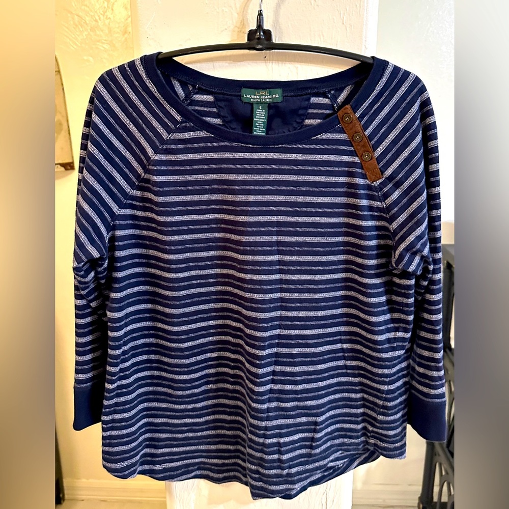 Ralph Lauren RLR Navy Blue & White Stripe Faux Suede Trim Top Womens Size S